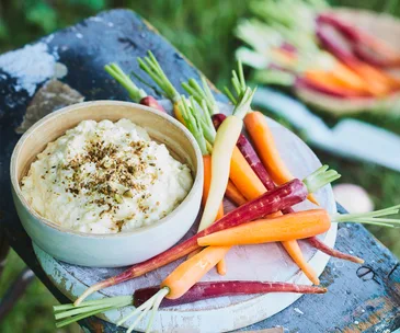 Fresh pineapple cheese dip with baby carrots