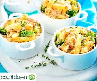 Gluten-free creamy salmon broccoli and penne pasta pots 