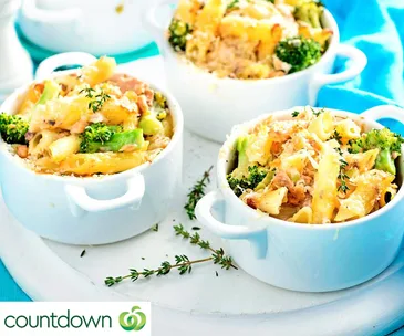 Gluten-free creamy salmon broccoli and penne pasta pots 