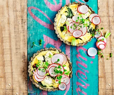 Feta and radish sesame tartlets