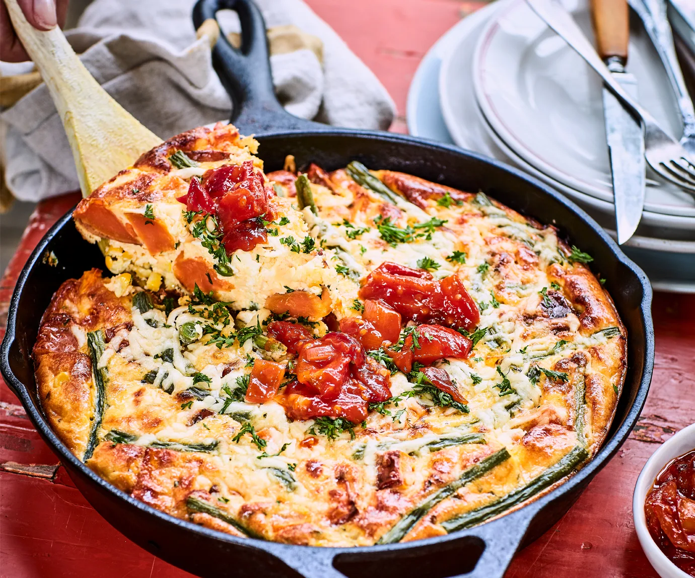 Roast kūmara, green bean, corn and feta frittata