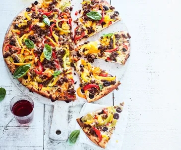 Roasted capsicum and sausage pizza