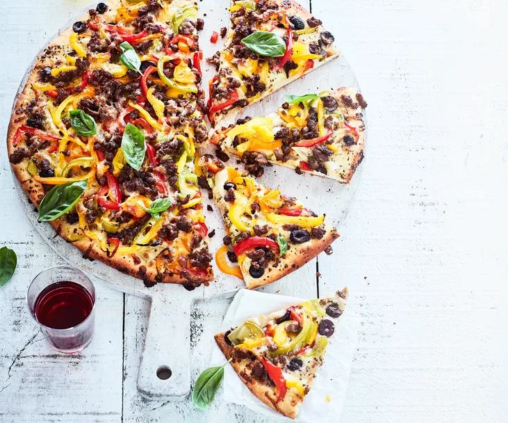Roasted capsicum and sausage pizza