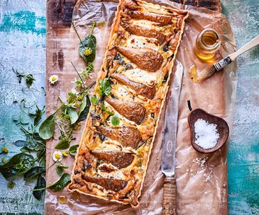 Roasted pear, leek and goat’s cheese tart