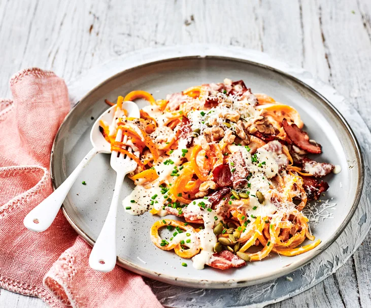 Creamy bacon and pumpkin noodles