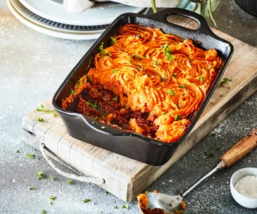 Lamb and red wine shepherd's pie with creamy kumara topping