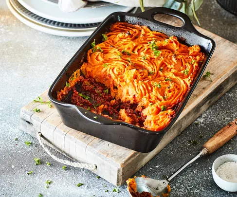 Lamb and red wine shepherd’s pie with creamy kumara topping