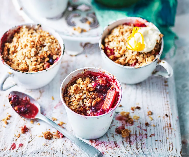 Rhubarb-berry crumbles with ricotta cream