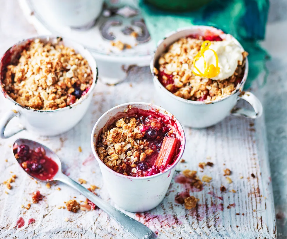 Rhubarb-berry crumbles with ricotta cream