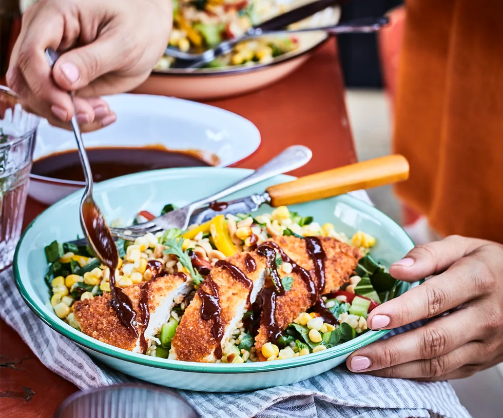 Chicken katsu with corn and bok choy brown rice salad
