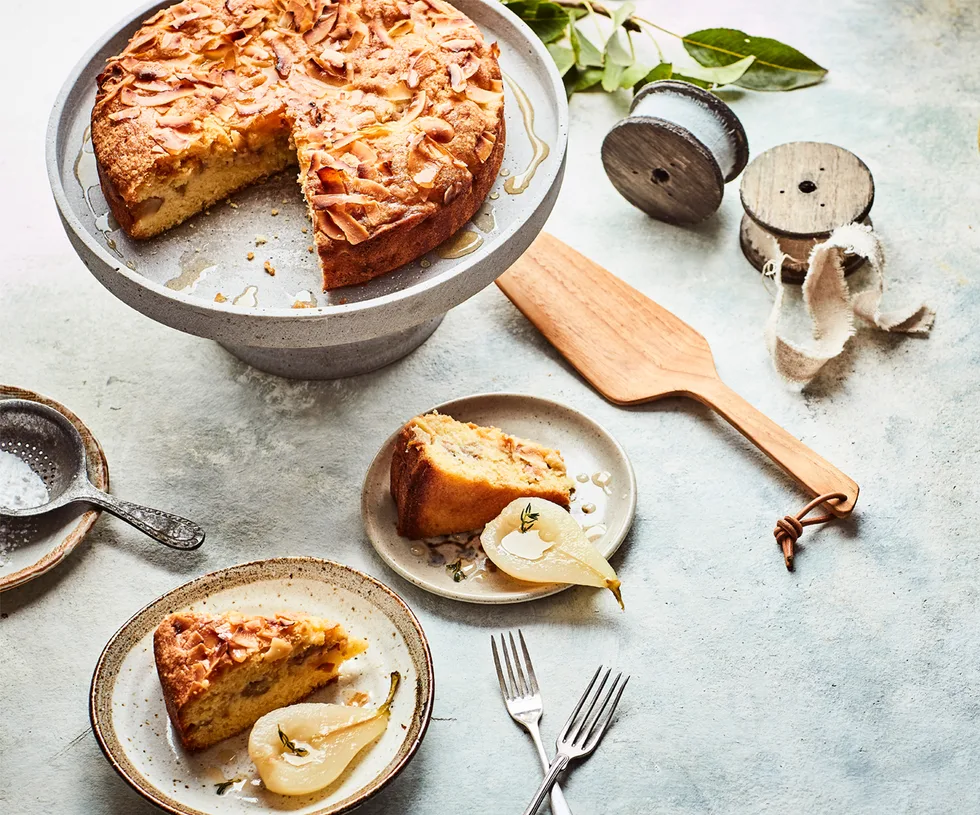 Pear and toasted coconut cake with honey and thyme poached pears