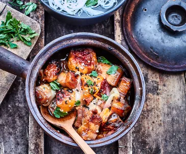 Sesame pork with tamarillo and ginger chutney
