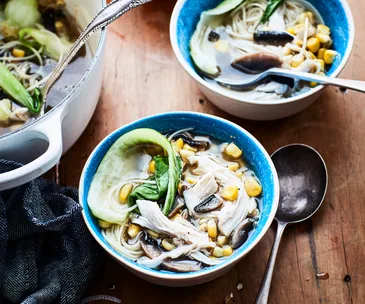 Chicken, corn and mushroom noodle soup