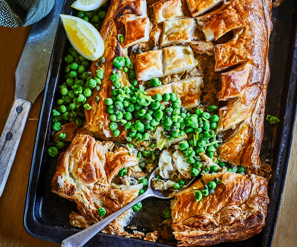 Fish and leek pie with caper parsley peas