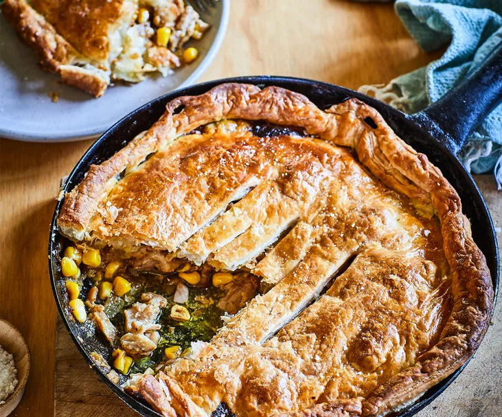 Chicken, mustard and bacon pan pie
