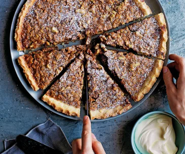 Walnut, whiskey and salted caramel pie