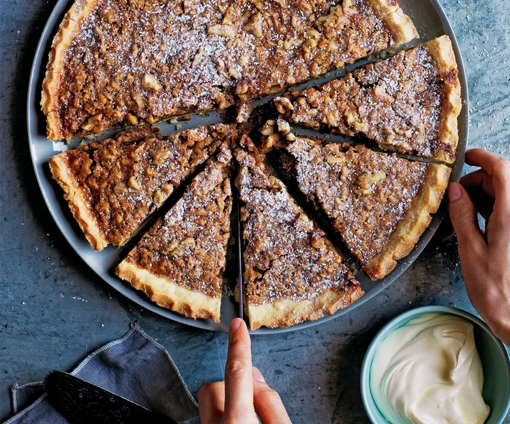 Walnut, whiskey and salted caramel pie