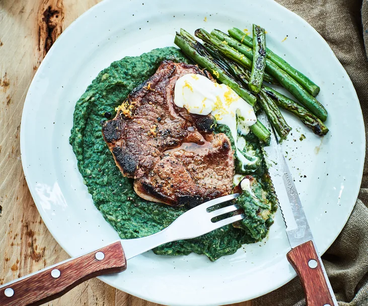 Lamb chop with spinach bean pur&eacute;e