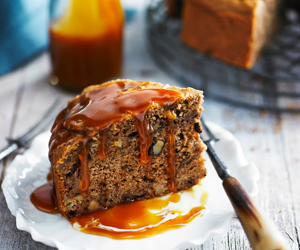 Banana and coffee cake with caramel sauce
