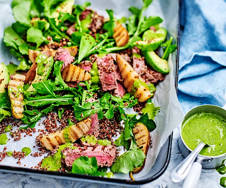 Grilled beef, pear, rocket and avocado salad