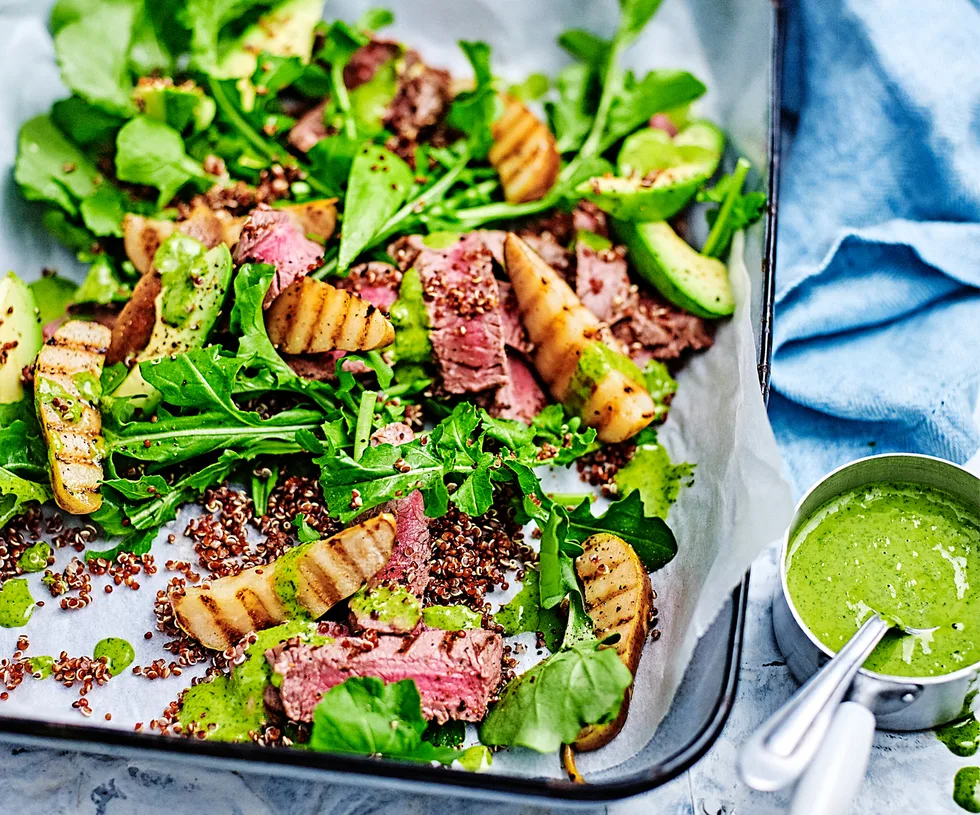 Grilled beef, pear, rocket and avocado salad