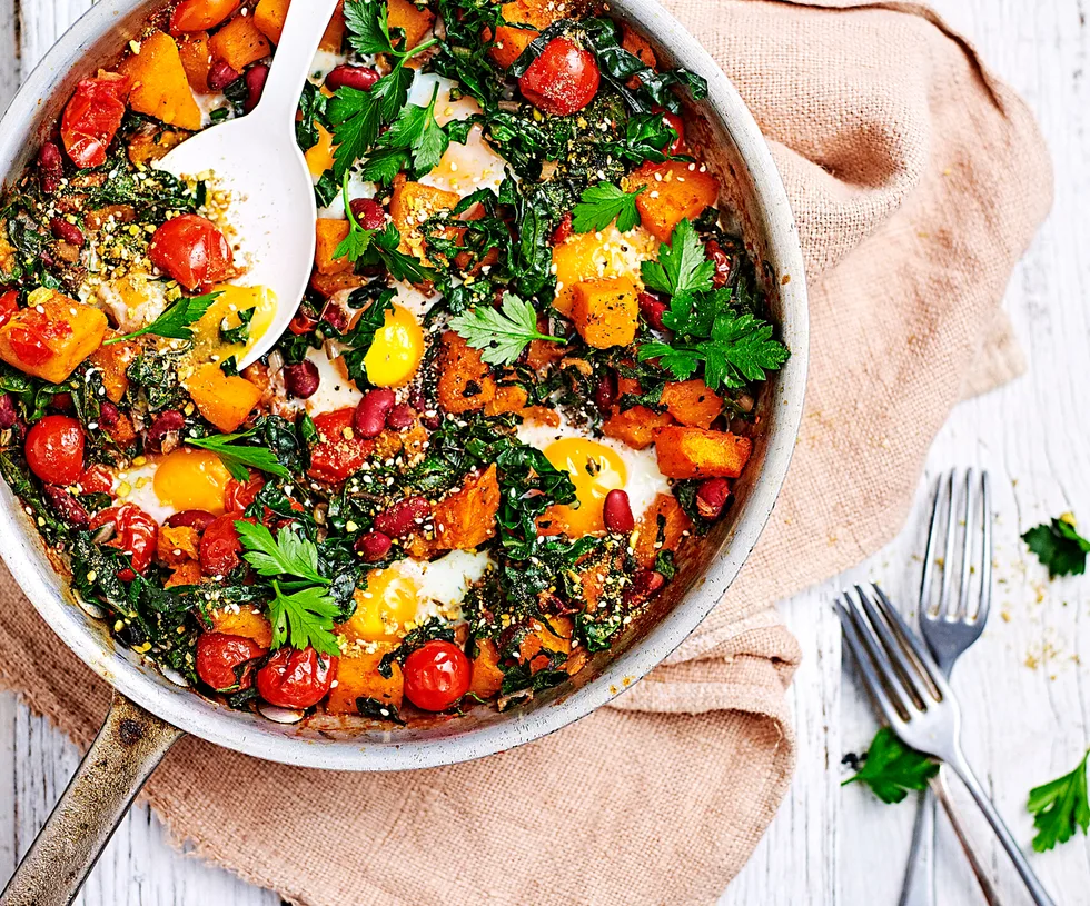 Baked pumpkin, tomato and egg skillet