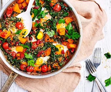 Baked pumpkin, tomato and egg skillet