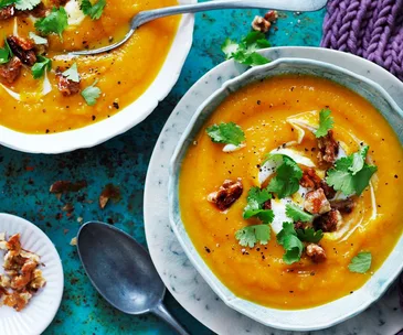 Chai roasted pumpkin soup with honey walnuts