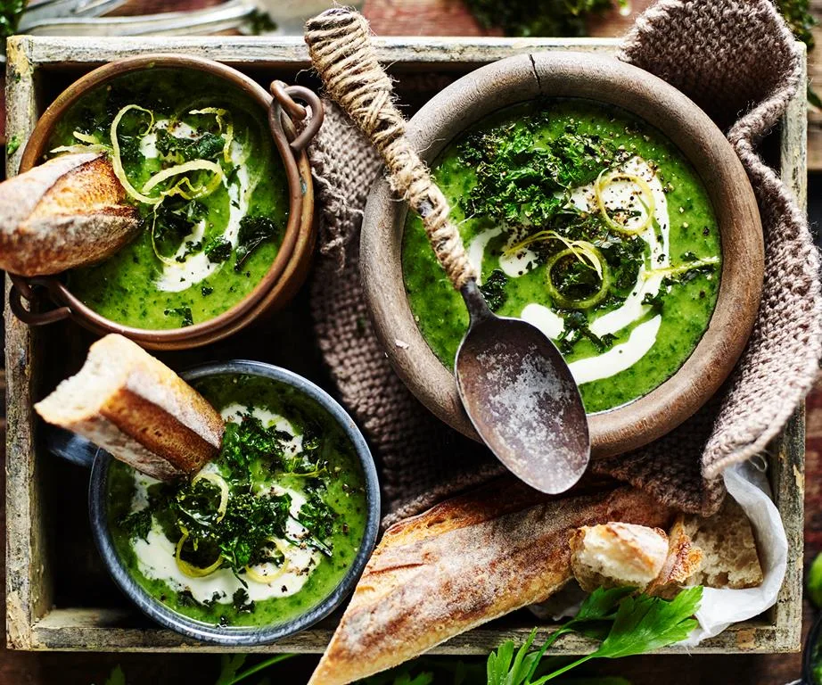 Broccoli and kale soup with lemon creme fraiche