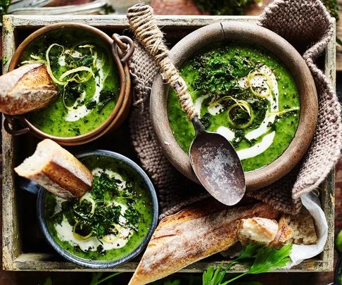 Broccoli and kale soup with lemon creme fraiche