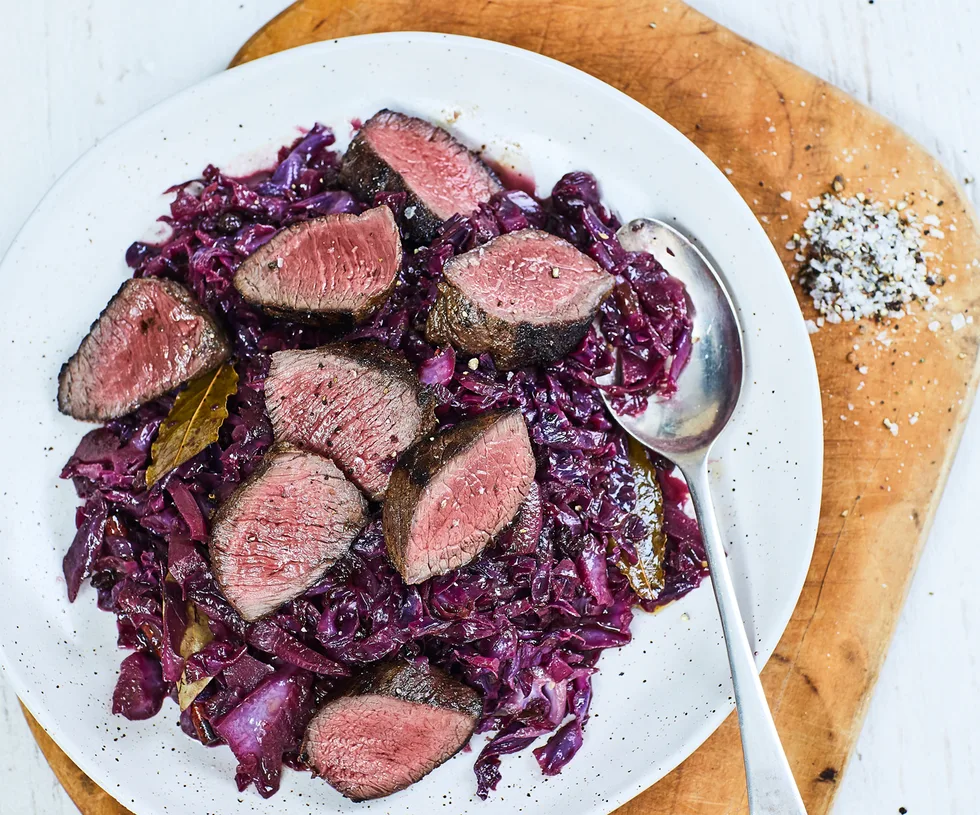 Venison with blackberry and wine-braised cabbage