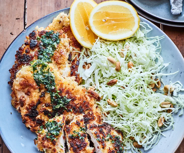 Chicken schnitzel with lemon parsley butter