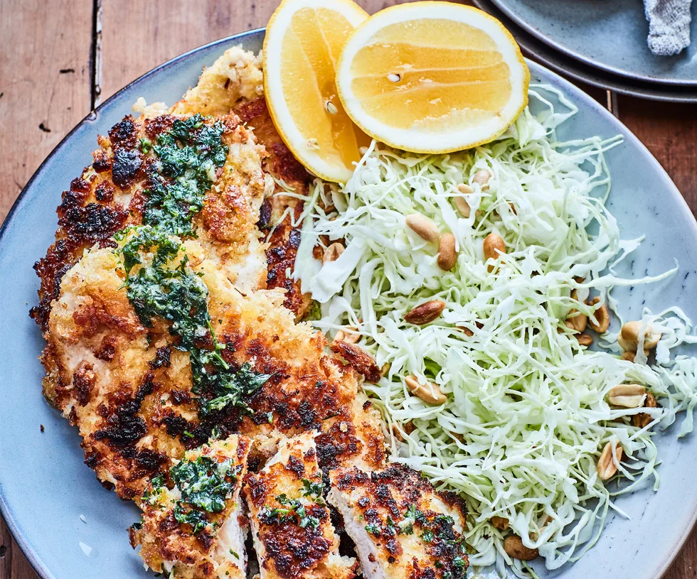 Chicken schnitzel with lemon parsley butter