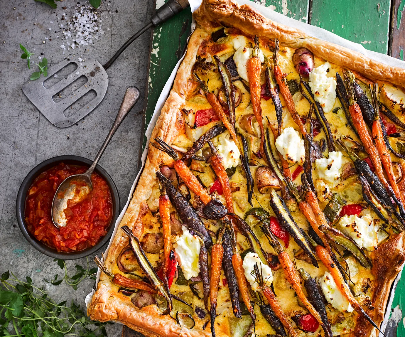 Winter vegetable pie with homemade tomato sauce