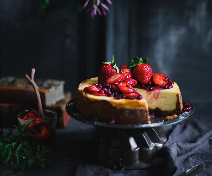 Labne cheesecake with ruby fruit salad