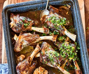 Sticky lamb shanks with Parmesan mash