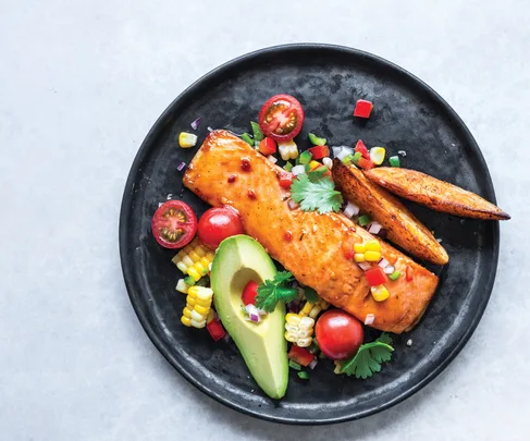 Smoked Chilli, Honey & Lime salmon with Paprika Wedges and Chunky Salsa