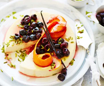 orange blossom baked ricotta with roasted cherries