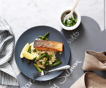 Asparagus and lemon risotto with crispy salmon