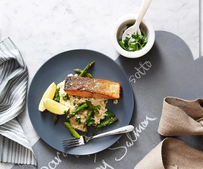 Asparagus and lemon risotto with crispy salmon