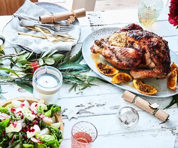 Christmas feast on table turkey salad