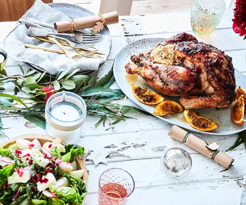 Christmas feast on table turkey salad