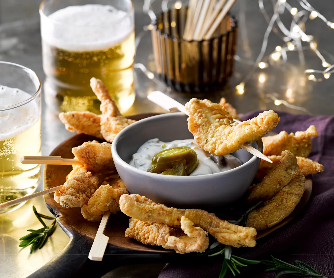 Cornmeal chicken sticks with jalapeno aioli