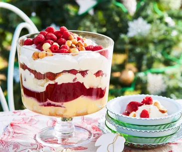 Raspberry and sabayon trifle with macadamias