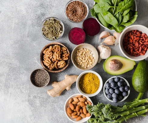 range of superfoods in bowls
