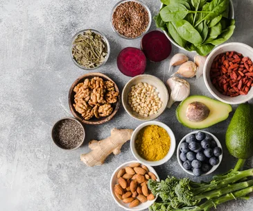 range of superfoods in bowls