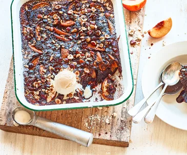 Fudgy chocolate, hazelnut and peach pudding