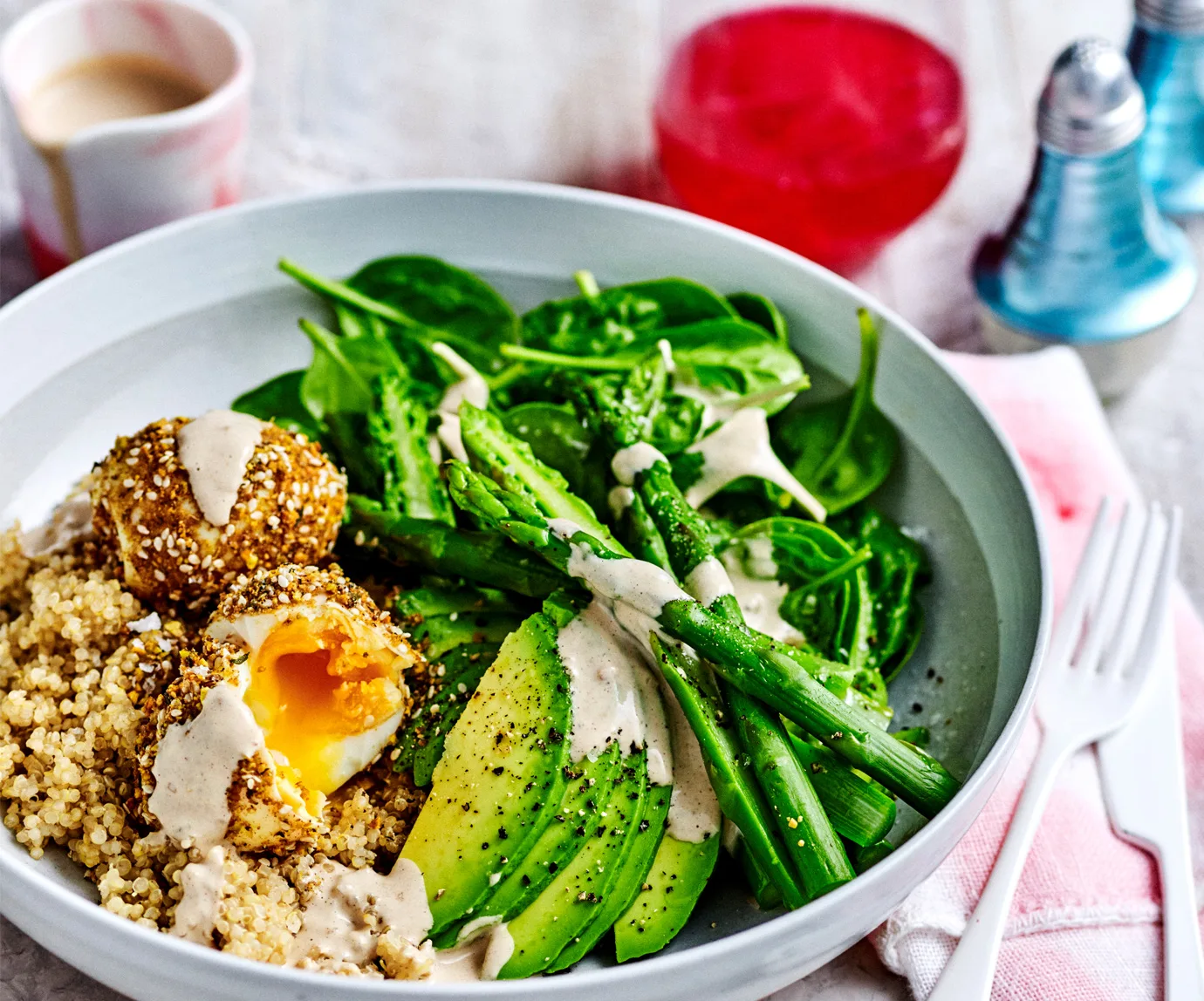 Avocado Buddha bowl with tahini dressing