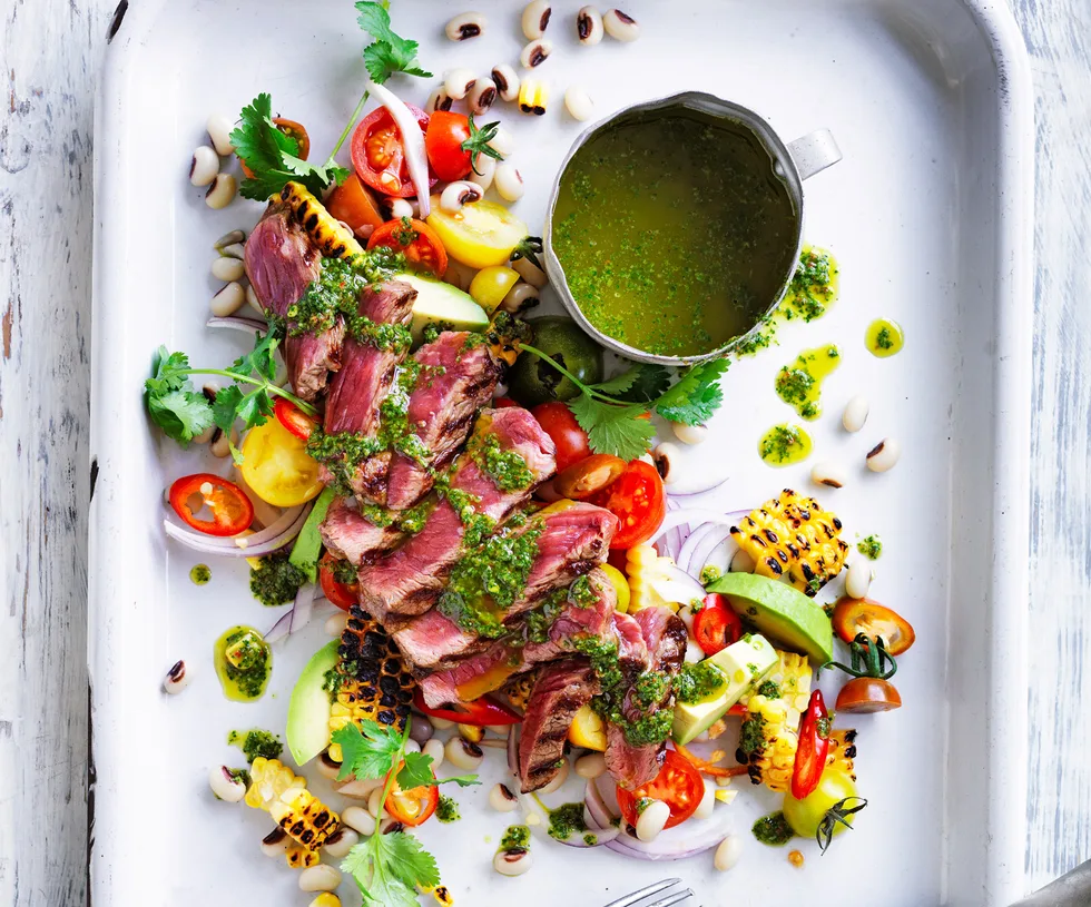 warm beef salad with black-eyed peas, corn and chimichurri