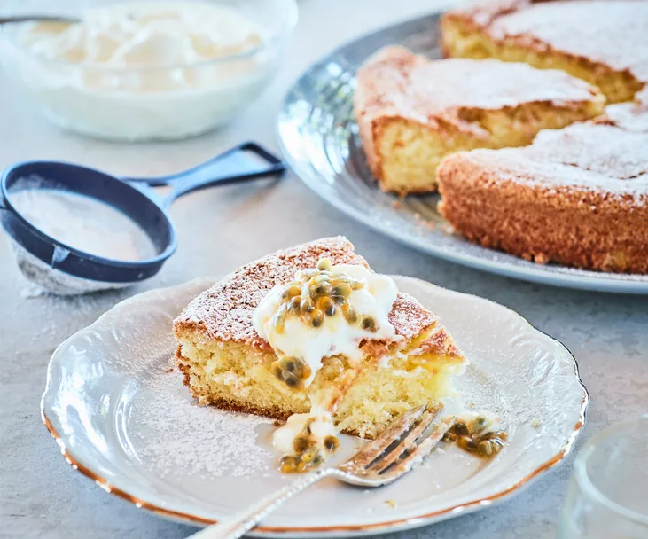 Easy vanilla cake with passionfruit pulp and yoghurt